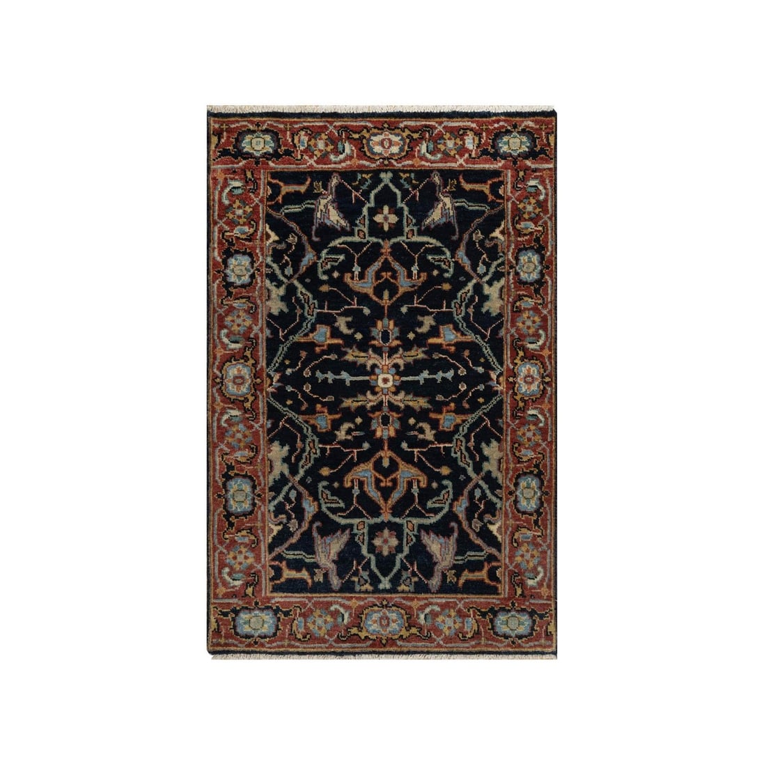 2'x3'2" Navy Antiqued Fine Heris Hand Knotted New Zealand Wool Mat Rug: 2'x3'2" Navy Antiqued Fine Heris Hand Knotted New Zealand Wool Mat Rug Hand-knotted with high-quality New Zealand wool, this 2'x3'2" Navy Antiqued Heris rug boasts a striking all-over regional design 