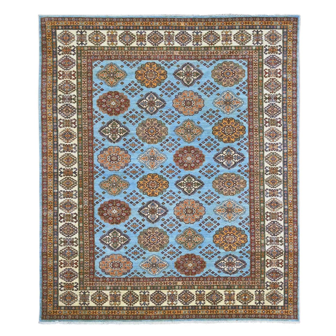 8'x9'4" Blue Afghan Super Kazak Medallions Design Hand Knotted Wool Rug: 8'x9'4" Blue Afghan Super Kazak Medallions Design Hand Knotted Wool Rug This stunning 8'x9'4" Blue Afghan Super Kazak Medallions Design Hand Knotted Wool Rug boasts an all-over regional design in rich