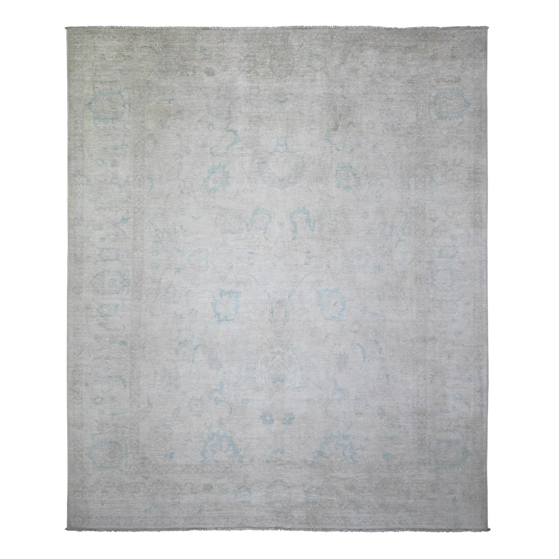 Ivory Natural Wool Hand Knotted White Wash Peshawar Rug 8'x9'7: Ivory Natural Wool Hand Knotted White Wash Peshawar Rug 8'x9'7 Hand-knotted in natural wool, this 8'x9'7' Ivory White Wash Peshawar rug boasts a timeless Oriental design, characteristic of Afghan craf