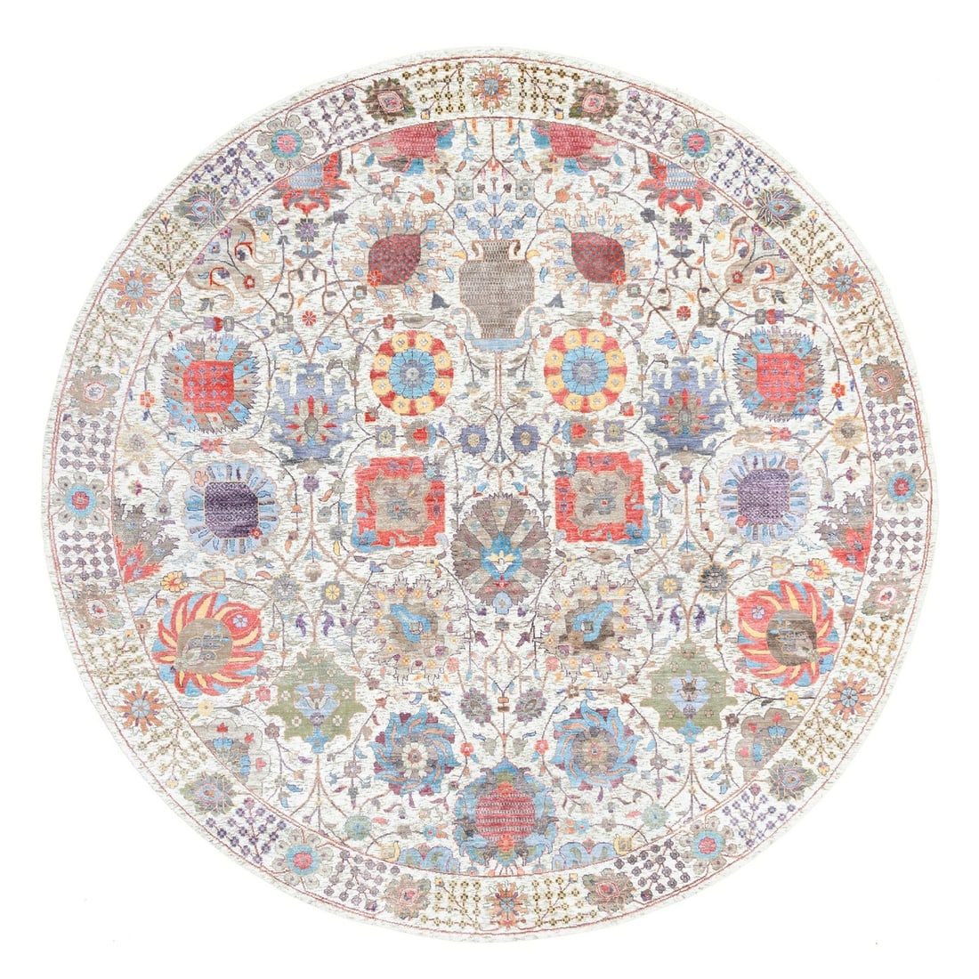 Colorful Silk Tebraz Hand Knotted Round Rug 10'1"x10: Colorful Silk Tebraz Hand Knotted Round Rug 10'1"x10 Hand-knotted in wool and silk, this vibrant 10'1"x10'0" round field rug boasts a stunning ivory background with intricate patterns in purple, green