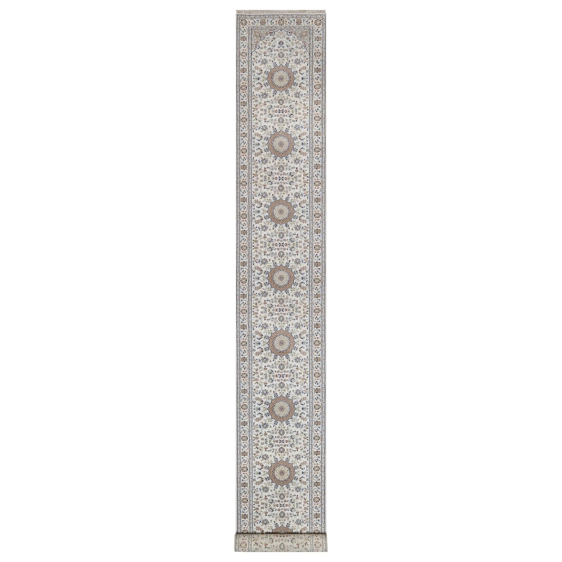2'9"x20'2" Ivory Nain with Medallions Design Hand Knotted Wool & Silk Runner: 2'9"x20'2" Ivory Nain with Medallions Design Hand Knotted Wool & Silk Runner Hand-knotted wool and silk runner in an elegant Medallions design, measuring 2'9" x 20'2" in a rich ivory hue. This beautif