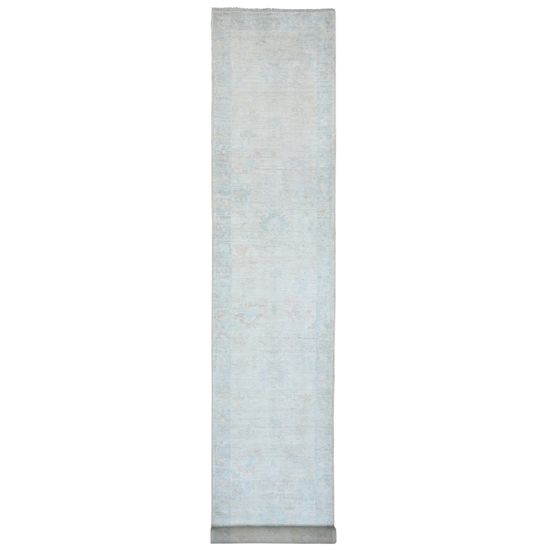 3'x17'2" White Hand Knotted Angora Oushak Leaf Design All Wool Runner Rug: 3'x17'2" White Hand Knotted Angora Oushak Leaf Design All Wool Runner Rug Hand-knotted in wool, this 3'0" x 17'2" Oushak-style rug boasts a striking leaf design in ivory and brown hues, with a subtle 