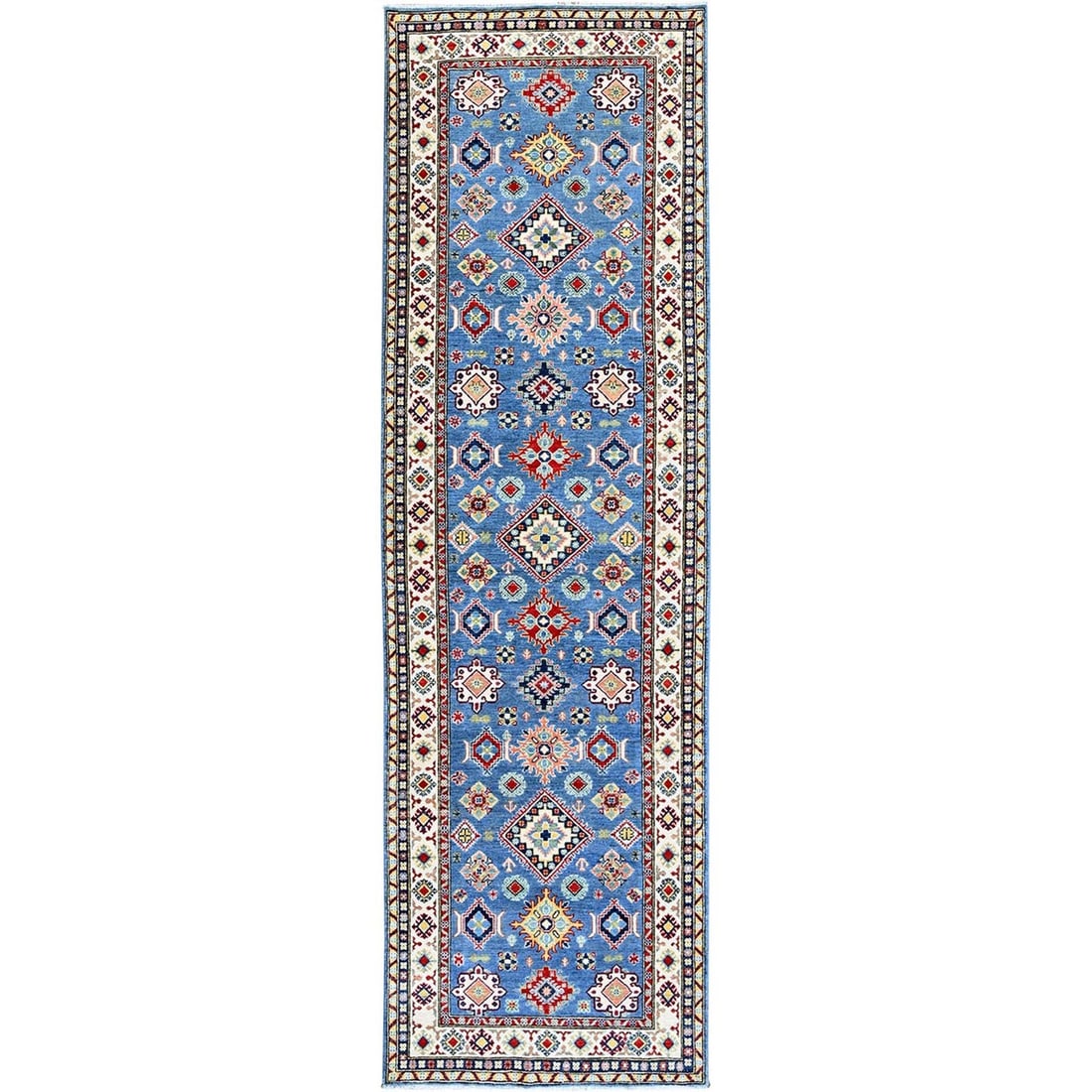 Blue Kazak with Geometric Design Hand Knotted Soft Wool Runner Rug: Blue Kazak with Geometric Design Hand Knotted Soft Wool Runner Rug Soft and vibrant, this hand-knotted wool runner rug boasts a stunning blue geometric design, characteristic of traditional Kazak styl