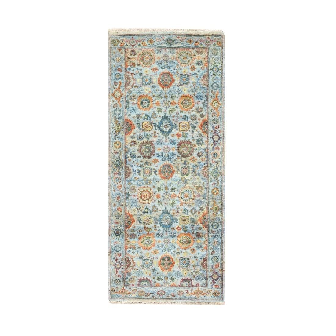 2'6"x6' Blue Sultanabad Reimagined Hand Knotted Pure Wool Zero Pile Runner: 2'6"x6' Blue Sultanabad Reimagined Hand Knotted Pure Wool Zero Pile Runner Blue Sultanabad Reimagined Hand Knotted Pure Wool Zero Pile Runner measures 2'6" x 6' in a vibrant blue hue. Made from 100% p