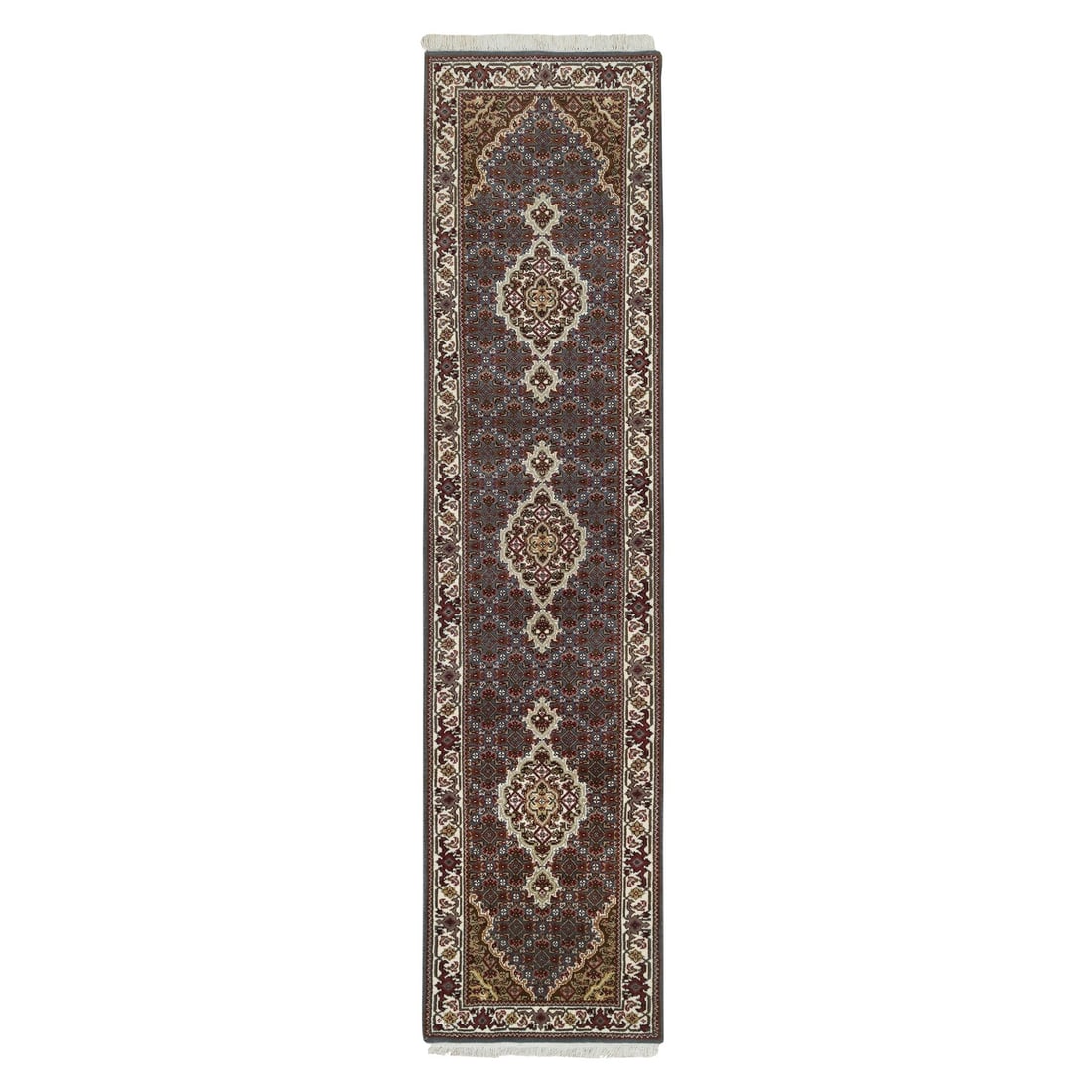 2'x8'5" Gray Tebraz Mahi 175 KPSI Wool Hand Knotted Runner Rug: 2'x8'5" Gray Tebraz Mahi 175 KPSI Wool Hand Knotted Runner Rug The 2'x8'5" Gray Tebraz Mahi 175 KPSI Wool Hand Knotted Runner Rug is a stunning piece of Oriental-inspired craftsmanship, boasting a ric