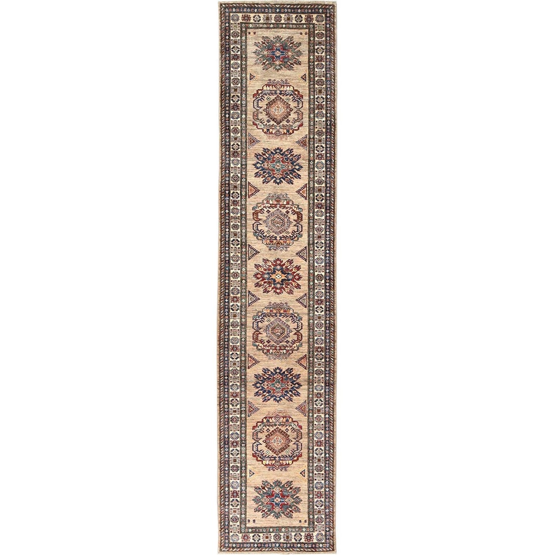 3'x13'6" Brown Hand Knotted Afghan Super Kazak Soft Wool Runner Rug: 3'x13'6" Brown Hand Knotted Afghan Super Kazak Soft Wool Runner Rug Soft and warm, this 3'x13'6" Brown Hand Knotted Afghan Super Kazak Soft Wool Runner Rug is a stunning example of traditional Afghan 