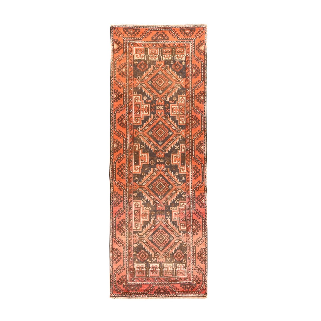 Brown Antique Balooch Wool Hand Knotted Zoroastrian Rug Runner 3'3"x9'6: Brown Antique Balooch Wool Hand Knotted Zoroastrian Rug Runner 3'3"x9'6 Hand-knotted with precision, this 1920s Zoroastrian wool rug runner boasts a rich, earthy brown color and intricate geometric pa