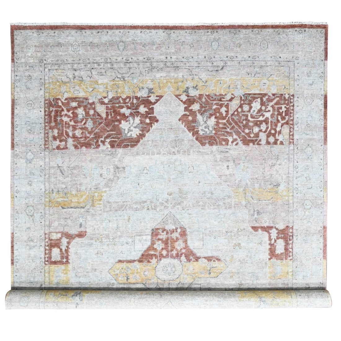 Hand Knotted Rug 9'10"x14' Ivory Ziegler Mahal with Oushak Design Wool: Hand Knotted Rug 9'10"x14' Ivory Ziegler Mahal with Oushak Design Wool Hand-knotted in wool, this 9'10"x14' Ivory Ziegler Mahal with Oushak design rug boasts a timeless, modern aesthetic. The rug's in