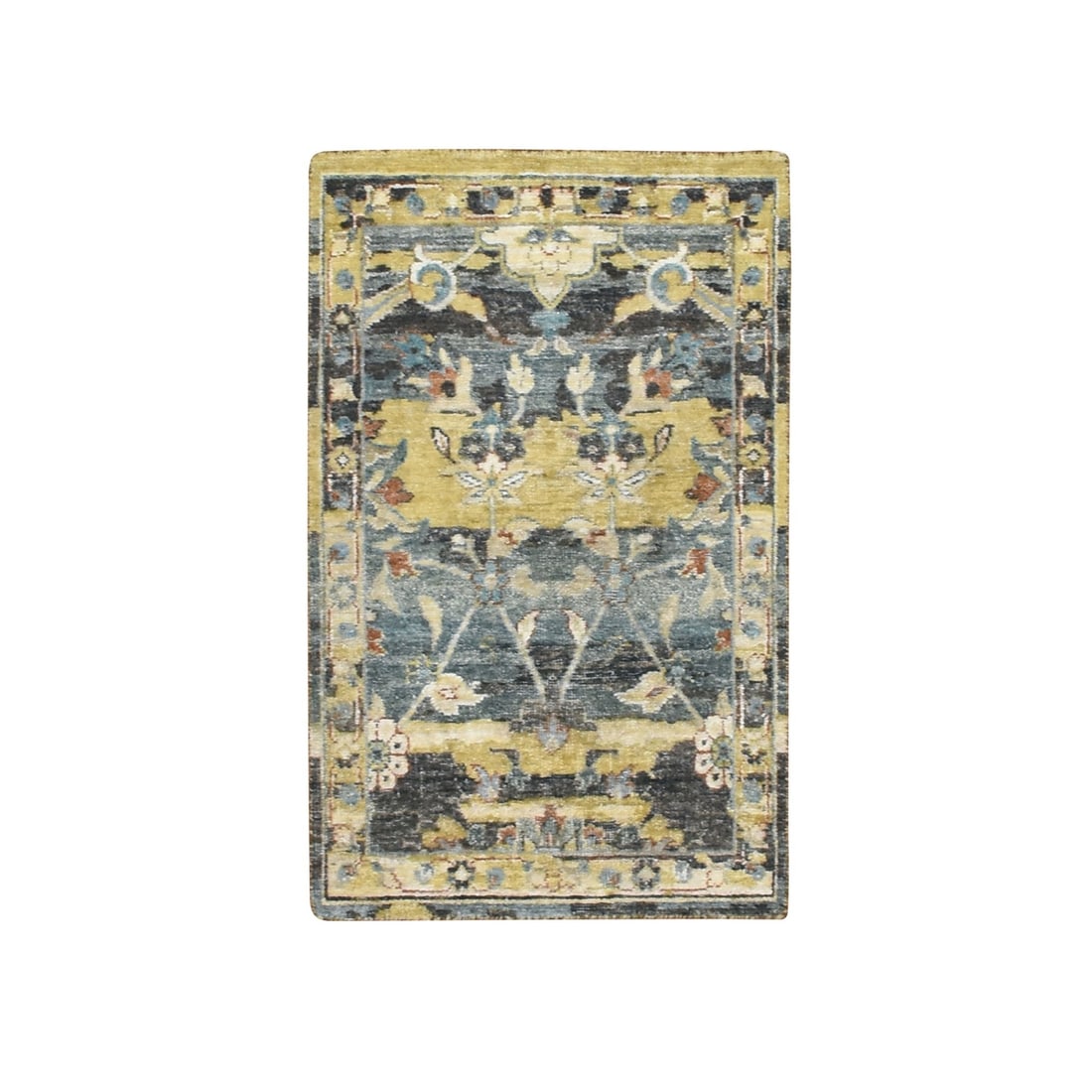 2'x3'3" Blue with Yellow Zoroastrian Design Wool Hand Knotted Sample Rug: 2'x3'3" Blue with Yellow Zoroastrian Design Wool Hand Knotted Sample Rug Hand-knotted with precision, this 2'x3'3" Zoroastrian design wool rug boasts a vibrant yellow field with intricate patterns, se