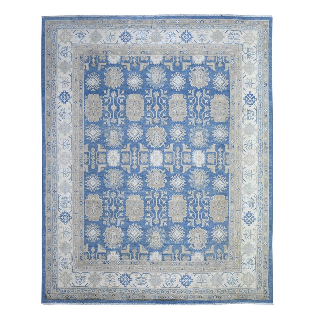 7'8"x9'7" Bayern Blue Kazak Soft Wool Vegetable Dyes Hand Knotted Rug: 7'8"x9'7" Bayern Blue Kazak Soft Wool Vegetable Dyes Hand Knotted Rug The 7'8"x9'7" Bayern Blue Kazak Soft Wool Vegetable Dyes Hand Knotted Rug is a stunning example of Afghan craftsmanship, boasting 