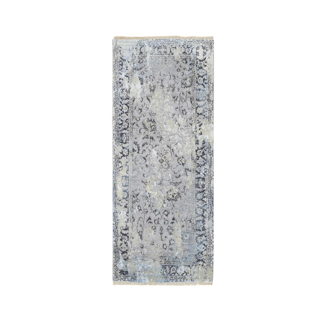 2'6"x6'1" Gray Hand Knotted Broken Kishoon Design Wool/ Silk Runner Rug: 2'6"x6'1" Gray Hand Knotted Broken Kishoon Design Wool/ Silk Runner Rug Hand-knotted in wool and silk, this 2'6"x6'1" gray runner rug boasts a striking broken Kishoon design. The subtle grey field and
