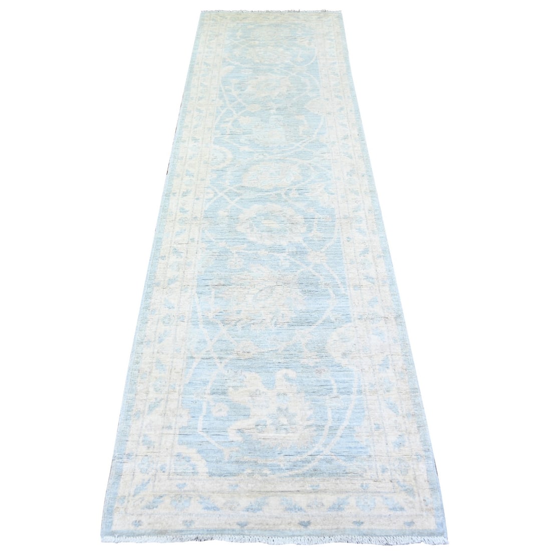 2'8"x9'9" Beau Blue Finer Peshawar Wool Hand Knotted Runner Oriental Rug: 2'8"x9'9" Beau Blue Finer Peshawar Wool Hand Knotted Runner Oriental Rug Blue hues dominate this stunning 2'8"x9'9" Beau Blue Finer Peshawar Wool Hand Knotted Runner Oriental Rug, showcasing a rich, b