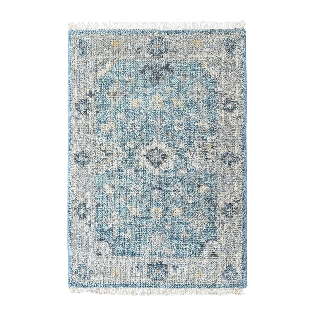 Blue 2'x3' Supple Oushak Design Hand Knotted Pure Wool Mat Rug: Blue 2'x3' Supple Oushak Design Hand Knotted Pure Wool Mat Rug The Oushak design hand knotted pure wool mat rug boasts a stunning blue color and rectangular field shape. Made from supple wool, this 2'