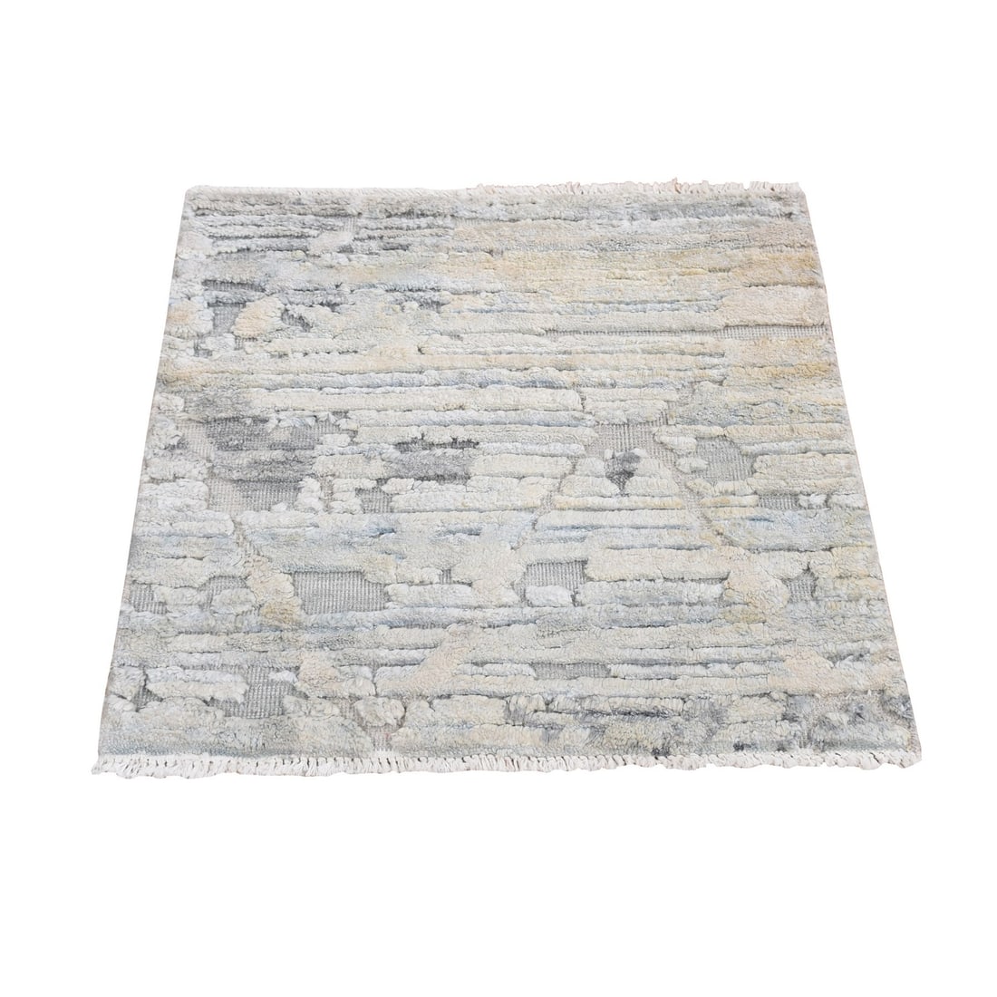 Silk Green Pastel Wool Hand Knotted 2'1" Rug Collection: Silk Green Pastel Wool Hand Knotted 2'1" Rug Collection Silk and wool blend in a modern, hand-knotted design, creating a unique and eye-catching 2'1" square rug. The ivory and green pastel color palet
