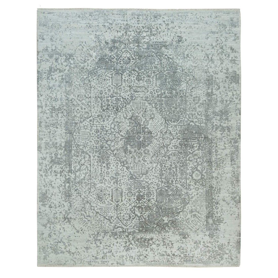 8'x10'1" Gray Broken Zoroastrian Hand Knotted Wool and Silk Oriental Rug: 8'x10'1" Gray Broken Zoroastrian Hand Knotted Wool and Silk Oriental Rug The 8'x10'1" Gray Broken Zoroastrian Hand Knotted Wool and Silk Oriental Rug boasts a striking grey color and intricate hand-kn