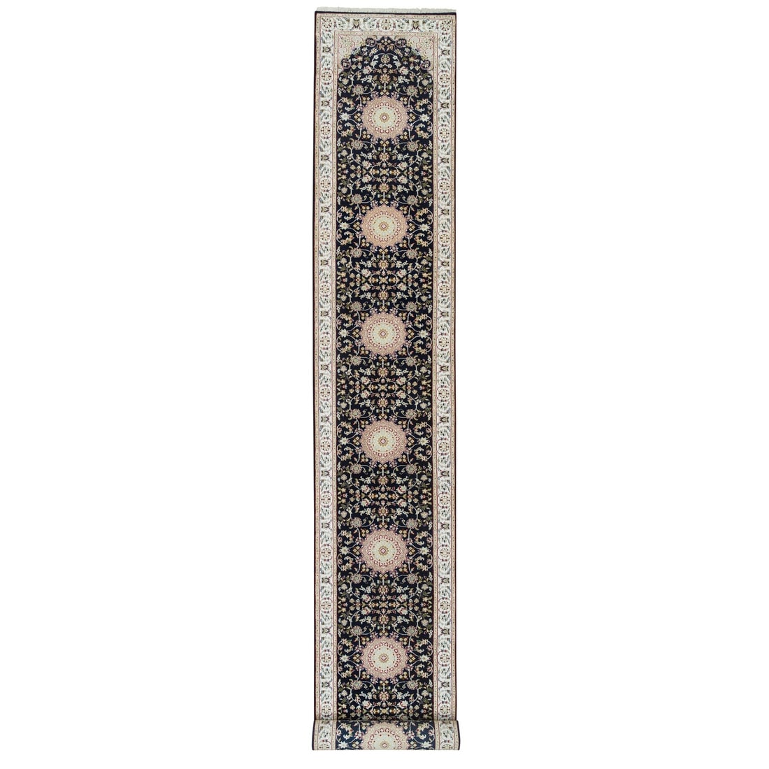 2'8"x19'2" Blue Nain 250 KPSI Hand Knotted Wool XL Runner Oriental Rug: 2'8"x19'2" Blue Nain 250 KPSI Hand Knotted Wool XL Runner Oriental Rug Hand-knotted in wool, this 2'8"x19'2" Blue Nain 250 KPSI oriental runner rug boasts a stunning field of blue surrounded by intric