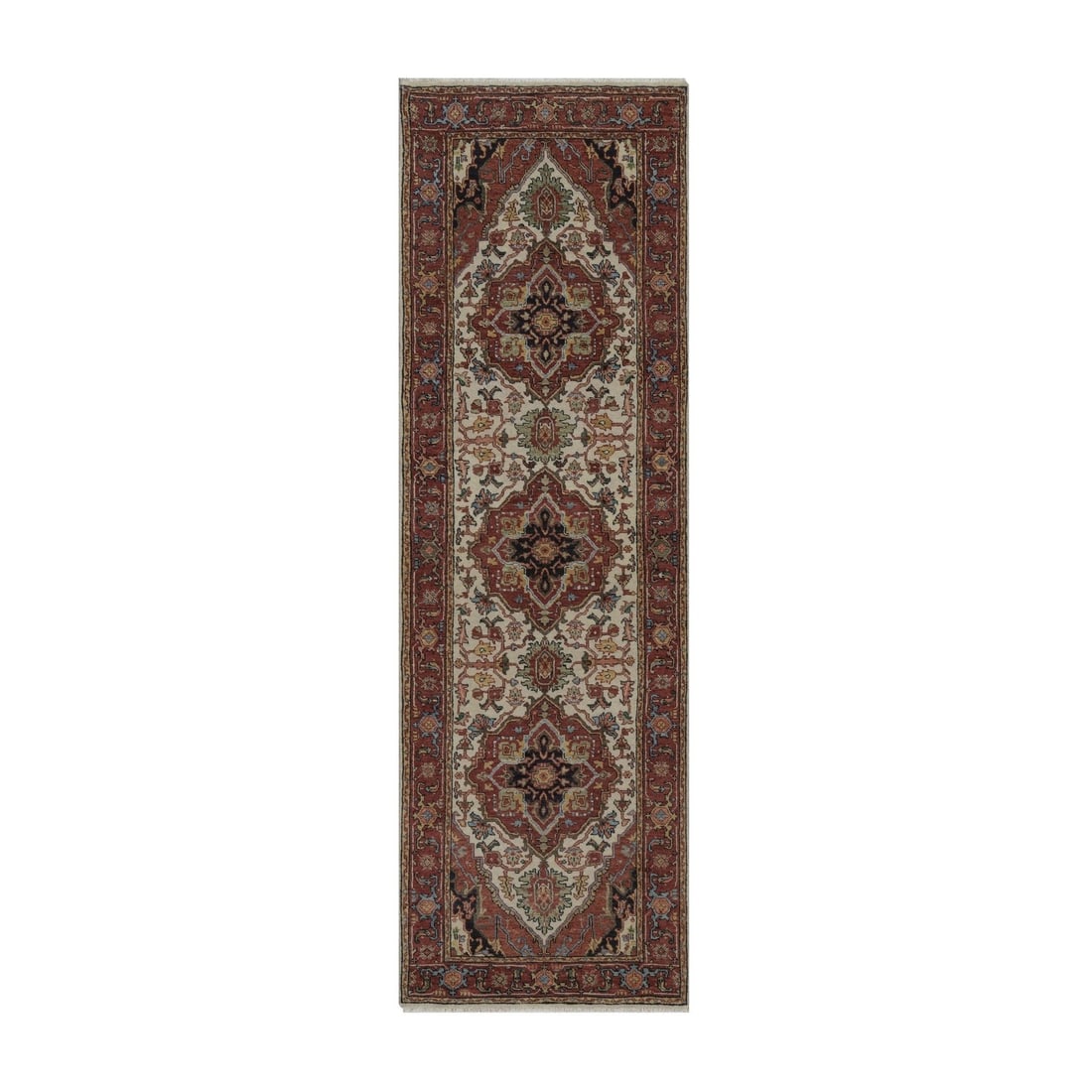 2'6"x8' Ivory Antiqued Heris Recreation Hand Knotted New Zealand Wool Runner: 2'6"x8' Ivory Antiqued Heris Recreation Hand Knotted New Zealand Wool Runner Hand-knotted in rich ivory wool, this 2'6"x8' Heris-style runner boasts a stunning medallion pattern and intricate weave. T