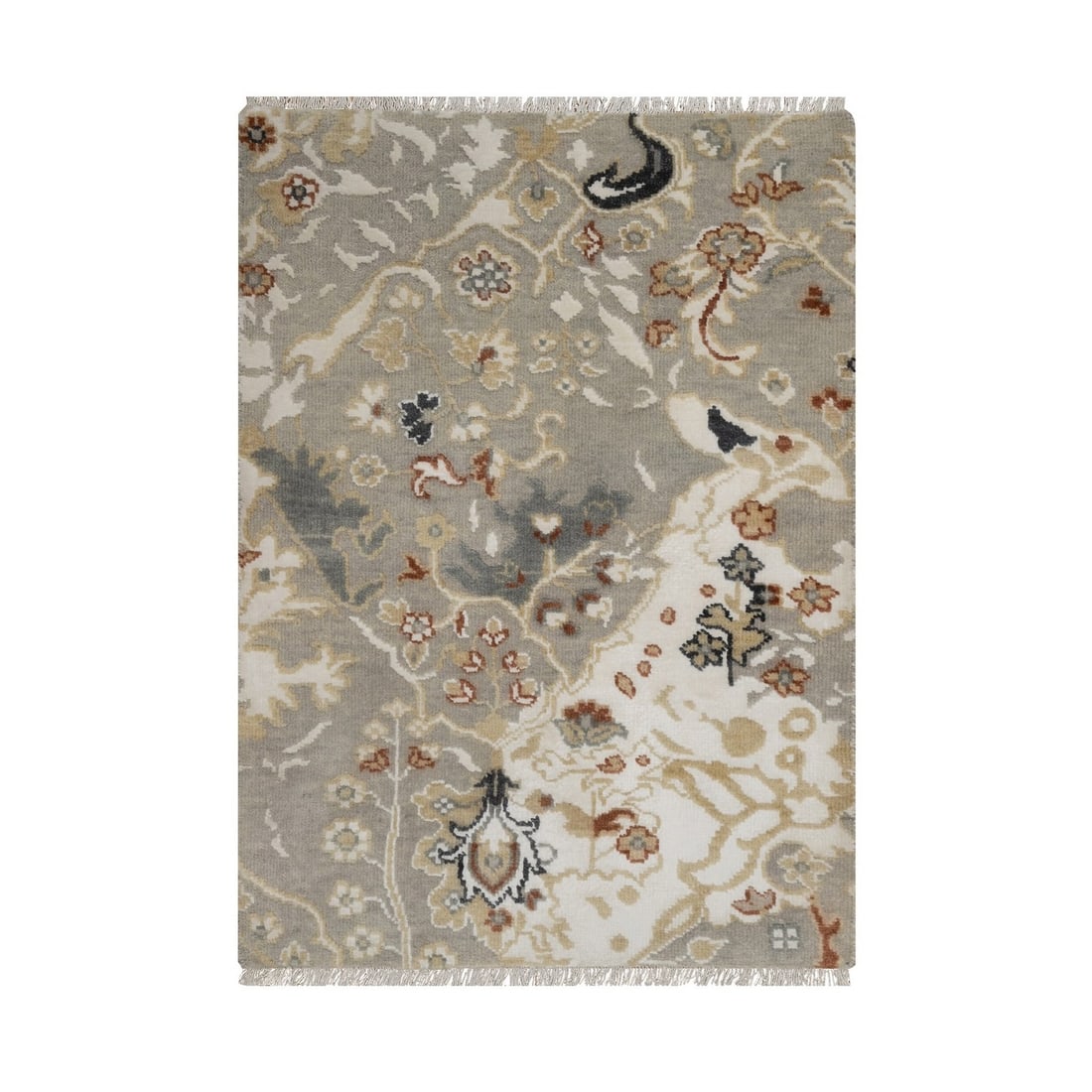 2 Gray Borderless Oushak with Leaf Design Hand Knotted Wool Mat Rug: 2 Gray Borderless Oushak with Leaf Design Hand Knotted Wool Mat Rug Two stunning Gray Borderless Oushak with Leaf Design Hand Knotted Wool Mat Rugs, each measuring 2'2" x 3'0" / 66 CM X 91 CM, boast i