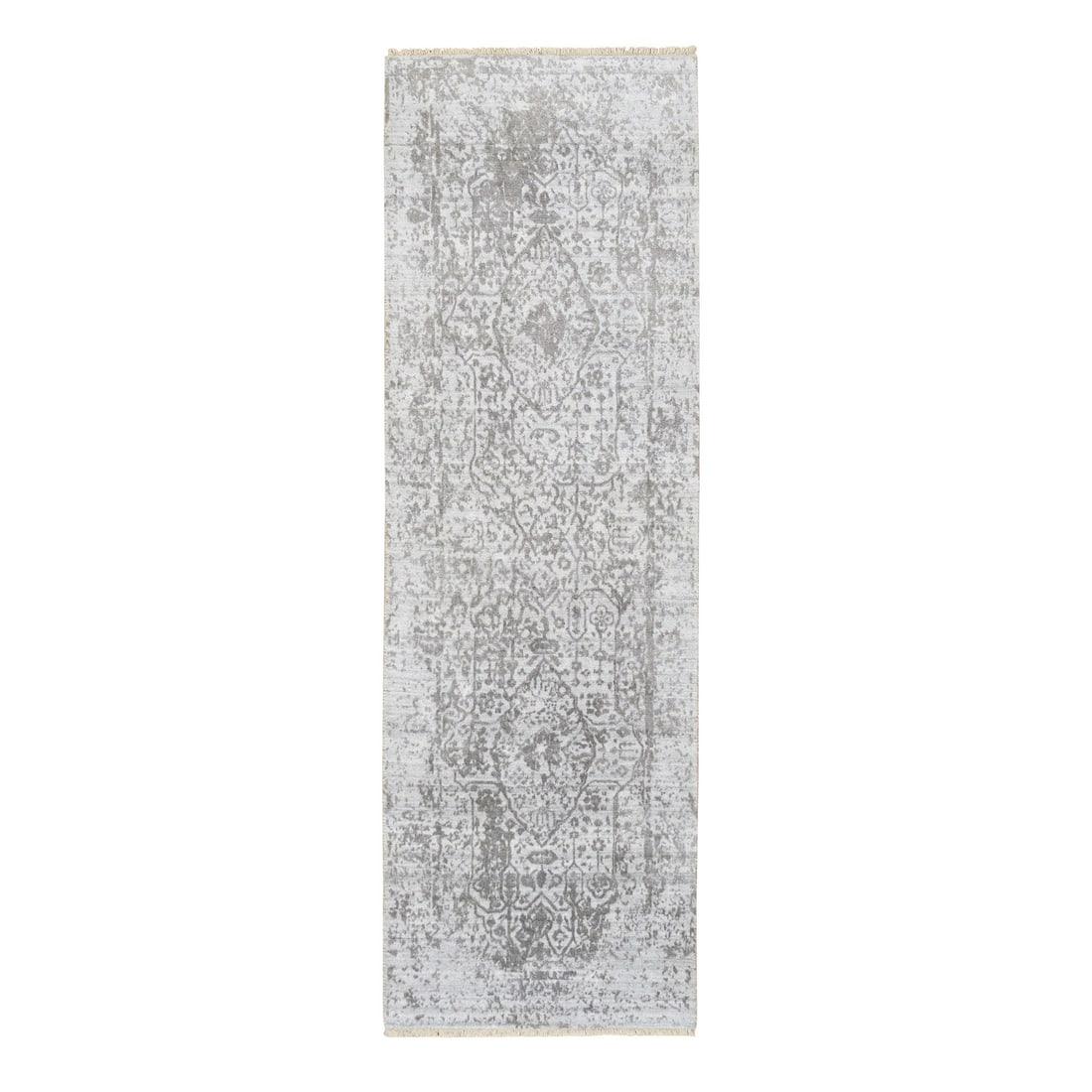 2'6"x8' Gray Broken Farsian Design Wool/ Silk Hand Knotted Runner Rug: 2'6"x8' Gray Broken Farsian Design Wool/ Silk Hand Knotted Runner Rug This stunning 2'6"x8' Gray Broken Farsian Design Wool/Silk Hand Knotted Runner Rug boasts a beautiful, intricate pattern and a ric