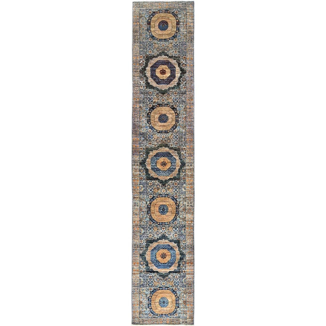 Blue Mamluk Design Soft Wool Hand Knotted Runner Oriental Rug 2'6"x13'9: Blue Mamluk Design Soft Wool Hand Knotted Runner Oriental Rug 2'6"x13'9 Softly glowing blue hues dominate this stunning Mamluk design soft wool hand knotted runner, measuring 2'6" x 13'9" in a beautif