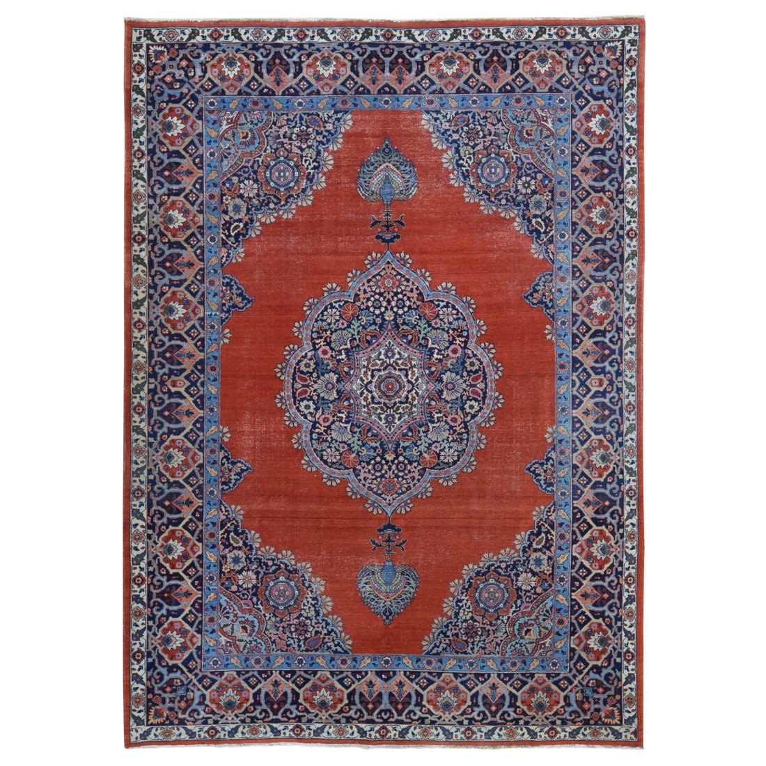 8'8"x12' Orange Antique Zoroastrian Tebraz Hand Knotted Pure Wool Rug: 8'8"x12' Orange Antique Zoroastrian Tebraz Hand Knotted Pure Wool Rug This stunning 8'8"x12' Orange Antique Zoroastrian Tebraz Hand Knotted Pure Wool Rug boasts a vibrant orange hue and intricate craf