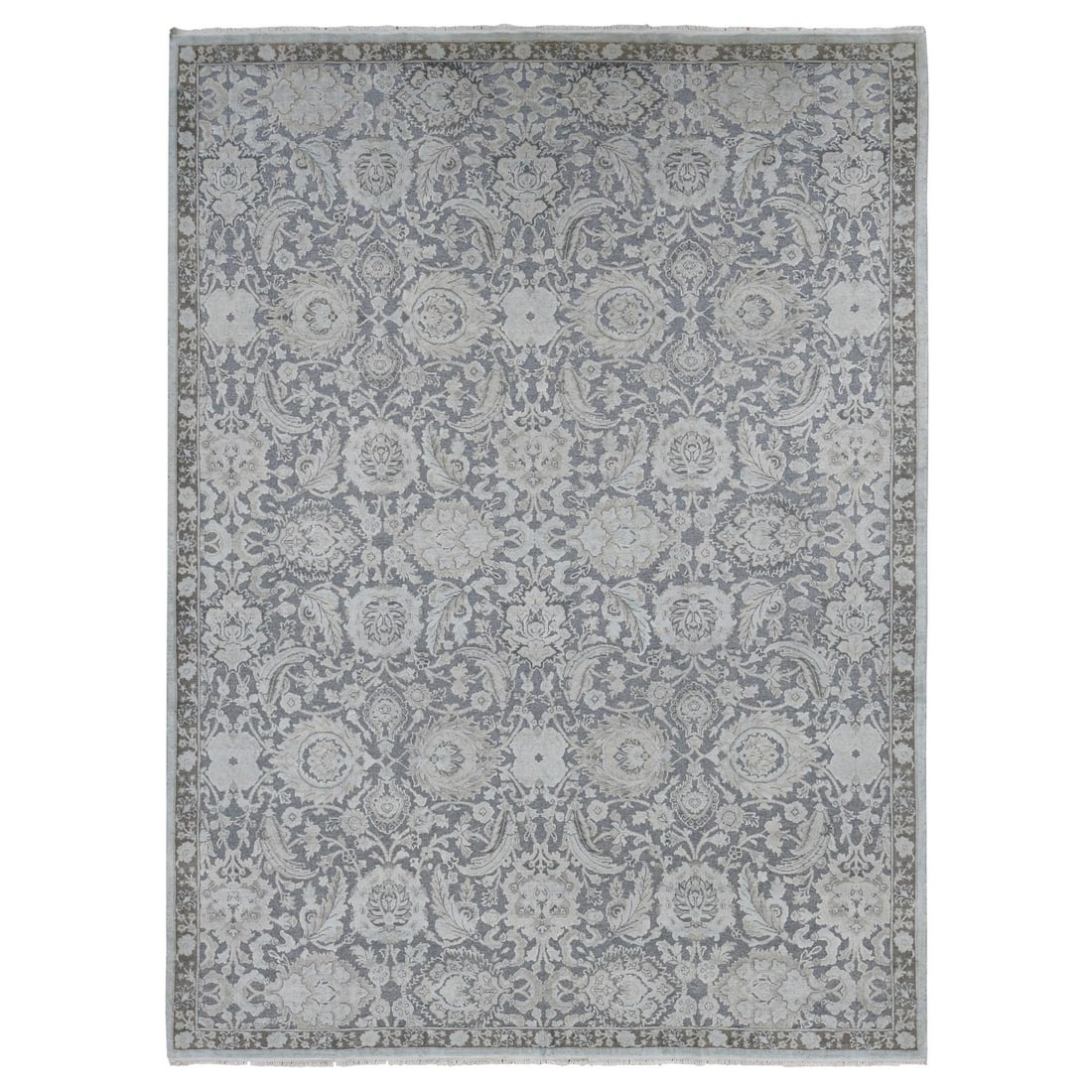 9'1"x12'5" Gray Oushak Design Hand Knotted Flat Weave with Silk Rug: 9'1"x12'5" Gray Oushak Design Hand Knotted Flat Weave with Silk Rug 9'1" x 12'5" Gray Oushak Design Hand Knotted Flat Weave with Silk Rug: This stunning, hand-knotted flat weave rug boasts a classic O
