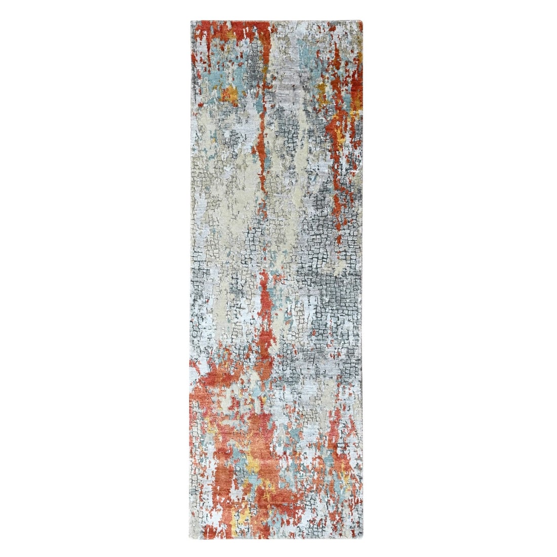 2'6"x7'10" Orange with Gray Abstract Design Wool & Silk Hand Knotted Runner: 2'6"x7'10" Orange with Gray Abstract Design Wool & Silk Hand Knotted Runner This vibrant orange and gray abstract design wool and silk hand knotted runner adds a pop of color and unique texture to any