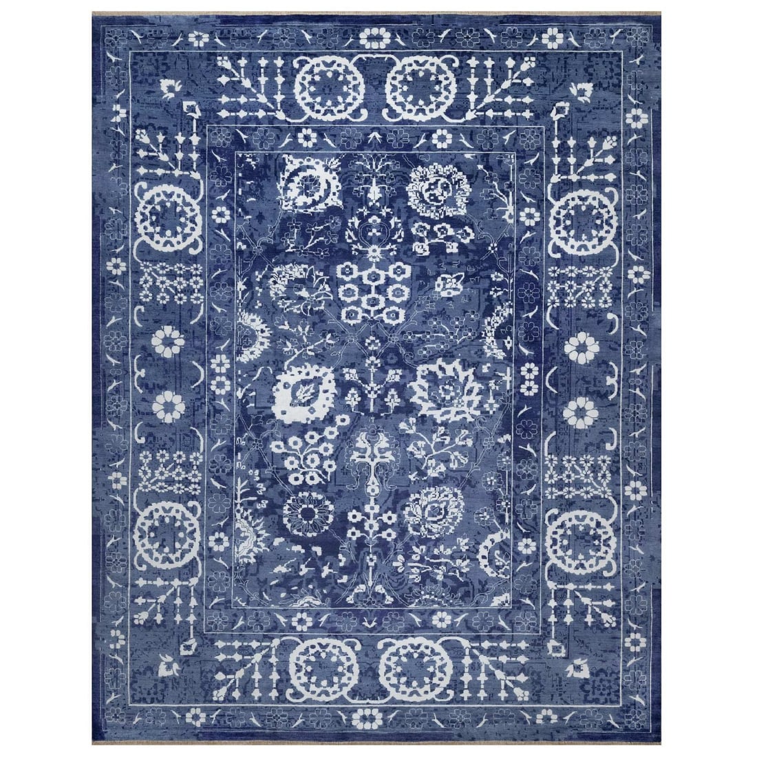 11'9"x15' Blue Hand Knotted Tebraz Leaf Motif Wool and Silk Oversized Rug: 11'9"x15' Blue Hand Knotted Tebraz Leaf Motif Wool and Silk Oversized Rug The 11'9"x15' Blue Hand Knotted Tebraz Leaf Motif Wool and Silk Oversized Rug is a stunning piece of handcrafted art, boasting
