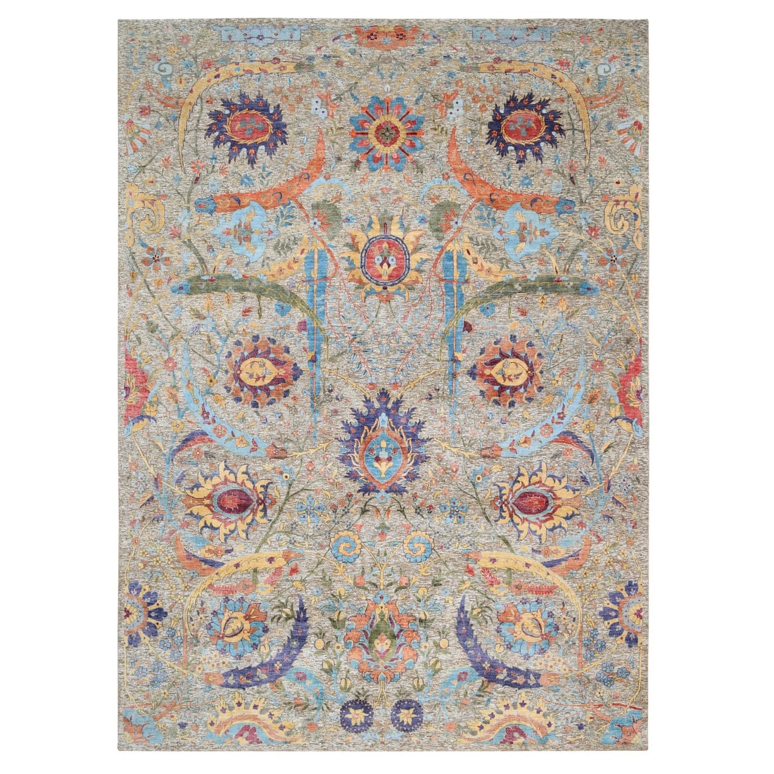 9'1"x12'4" Silk With Wool Hand Knotted Tan Sickle Leaf Design Rug: 9'1"x12'4" Silk With Wool Hand Knotted Tan Sickle Leaf Design Rug This stunning 9'1"x12'4" hand-knotted rug boasts a beautiful tan sickle leaf design in a rich beige color, crafted from a blend of woo