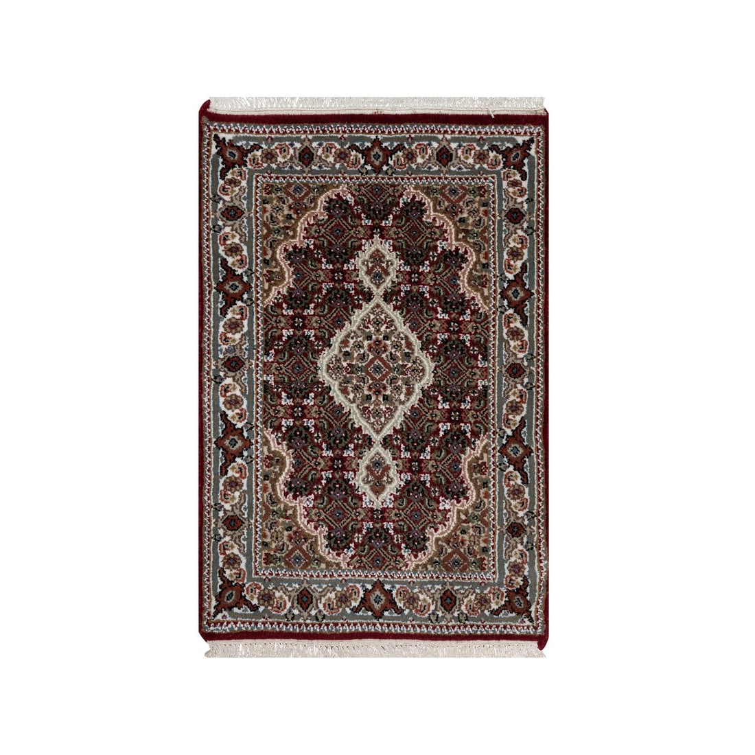 2'x3' Carmine Red Tebraz Mahi Soft Wool Hand Knotted Mat Oriental Rug: 2'x3' Carmine Red Tebraz Mahi Soft Wool Hand Knotted Mat Oriental Rug Softly glowing with a rich Carmine Red hue, this 2'x3' Tebraz Mahi hand-knotted wool rug boasts a striking rectangular field and i