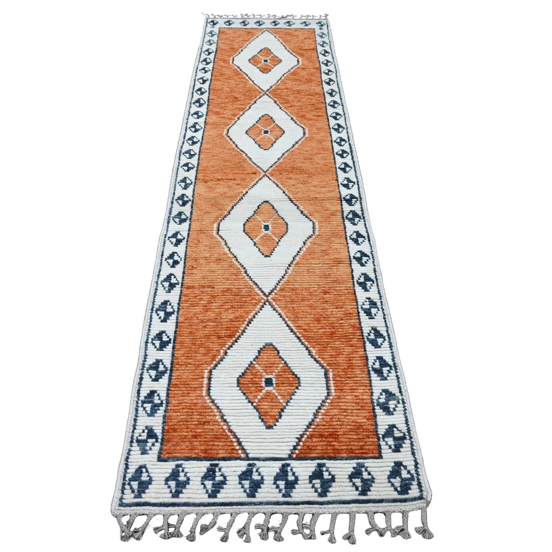 2'7"x10'2" Orange Geometric Moroccan Weave Wool Hand Knotted Runner Rug: 2'7"x10'2" Orange Geometric Moroccan Weave Wool Hand Knotted Runner Rug Hand-knotted in vibrant orange wool, this Moroccan-style geometric runner rug boasts a striking field color and intricate border