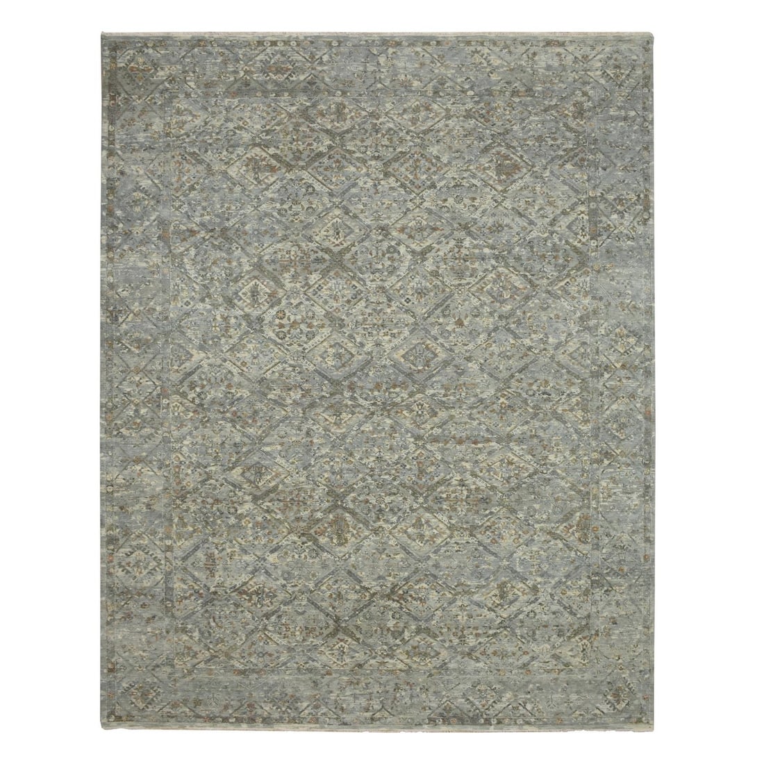 11'9"x14'10" Gray Wool Erased and Broken Garden Design Hand Knotted Rug: 11'9"x14'10" Gray Wool Erased and Broken Garden Design Hand Knotted Rug Gray Wool Erased and Broken Garden Design Hand Knotted Rug measures 11'9"x14'10" in a rectangular field with an all-over regiona