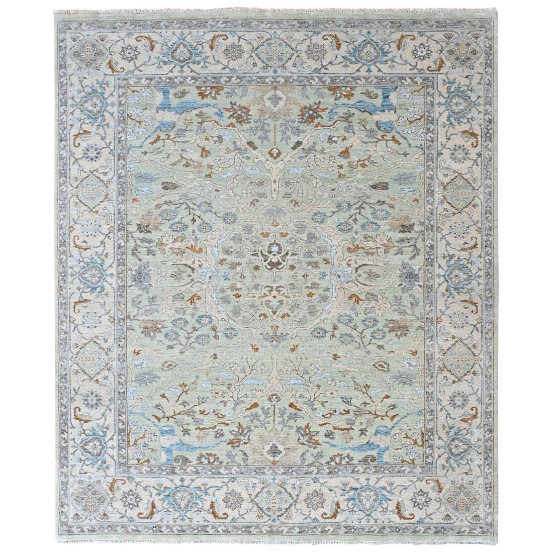 8'1"x9'10" Green Oushak with Floral Motifs Pure Wool Hand Knotted Soft Pile: 8'1"x9'10" Green Oushak with Floral Motifs Pure Wool Hand Knotted Soft Pile Soft and vibrant, this 8'1"x9'10" Green Oushak rug boasts an all-over floral motif in pure wool, creating a stunning visual 