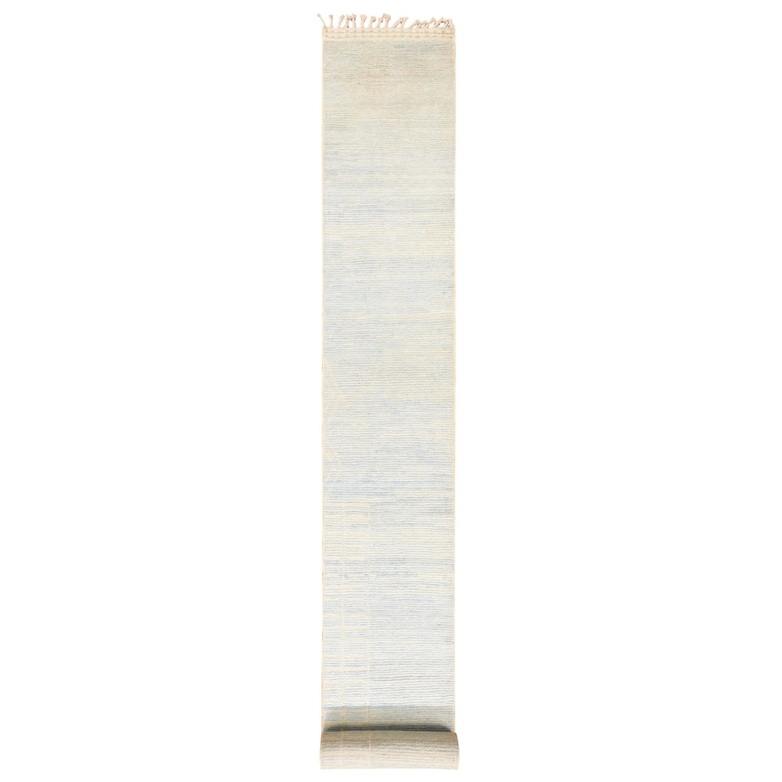 Moroccan Weave Ivory Grid Design Knotted Wool Rug 2'4"x24'5: Moroccan Weave Ivory Grid Design Knotted Wool Rug 2'4"x24'5 Moroccan Weave Ivory Grid Design Knotted Wool Rug boasts a striking ivory grid design in a traditional Moroccan style. Hand-knotted on a cot