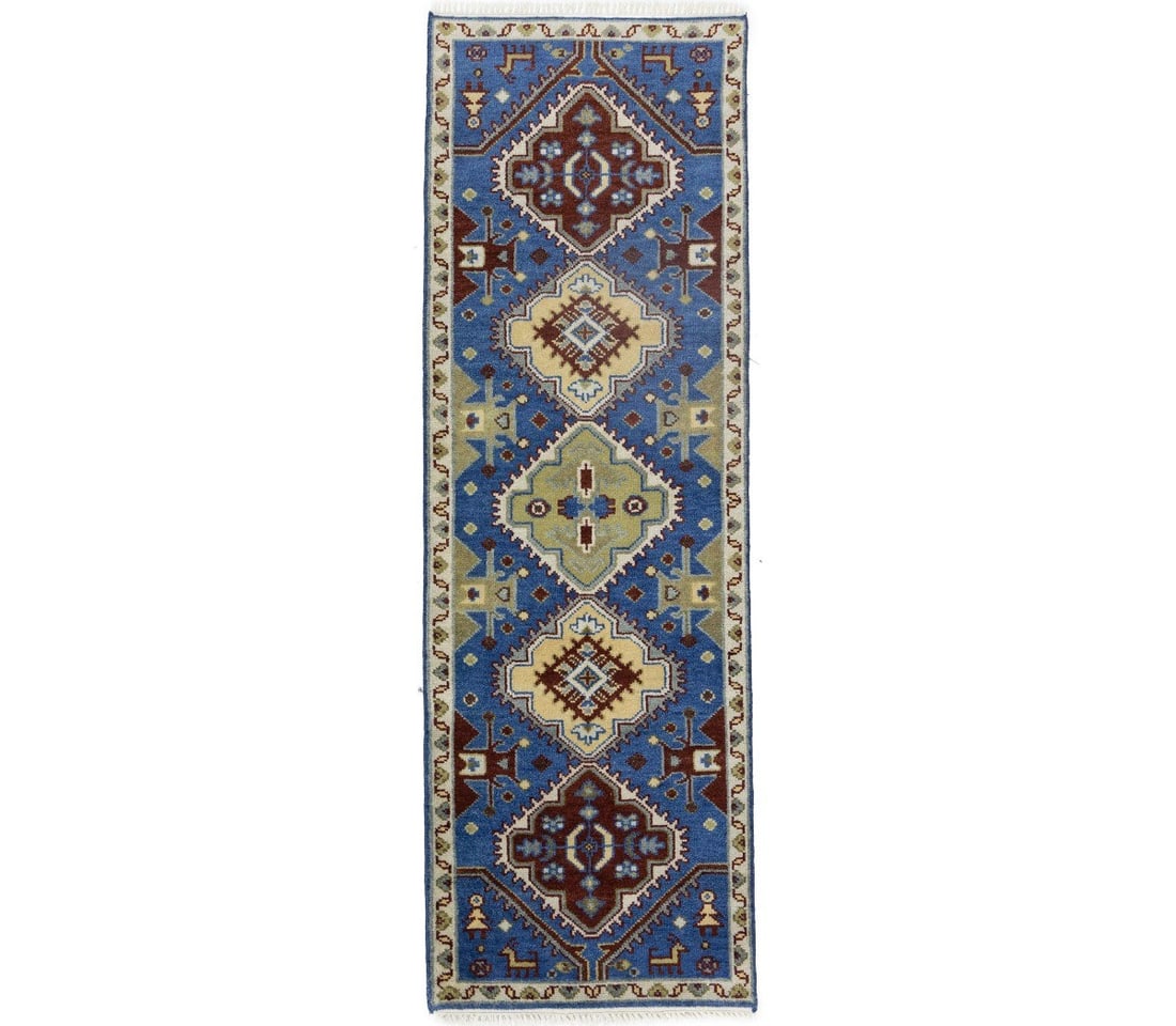 2'7 X 8'0 Handmade Kazak Runner Rug Tribal Oriental Hallway Carpet 3X8 Ft Hand-Knotted: 2'7 X 8'0 Handmade Kazak Runner Rug Tribal Oriental Hallway Carpet 3X8 Ft Hand-Knotted Hand-knotted in wool, this 2'7 x 8'0 feet geometric tribal runner rug boasts a rich, modern design with a blend o