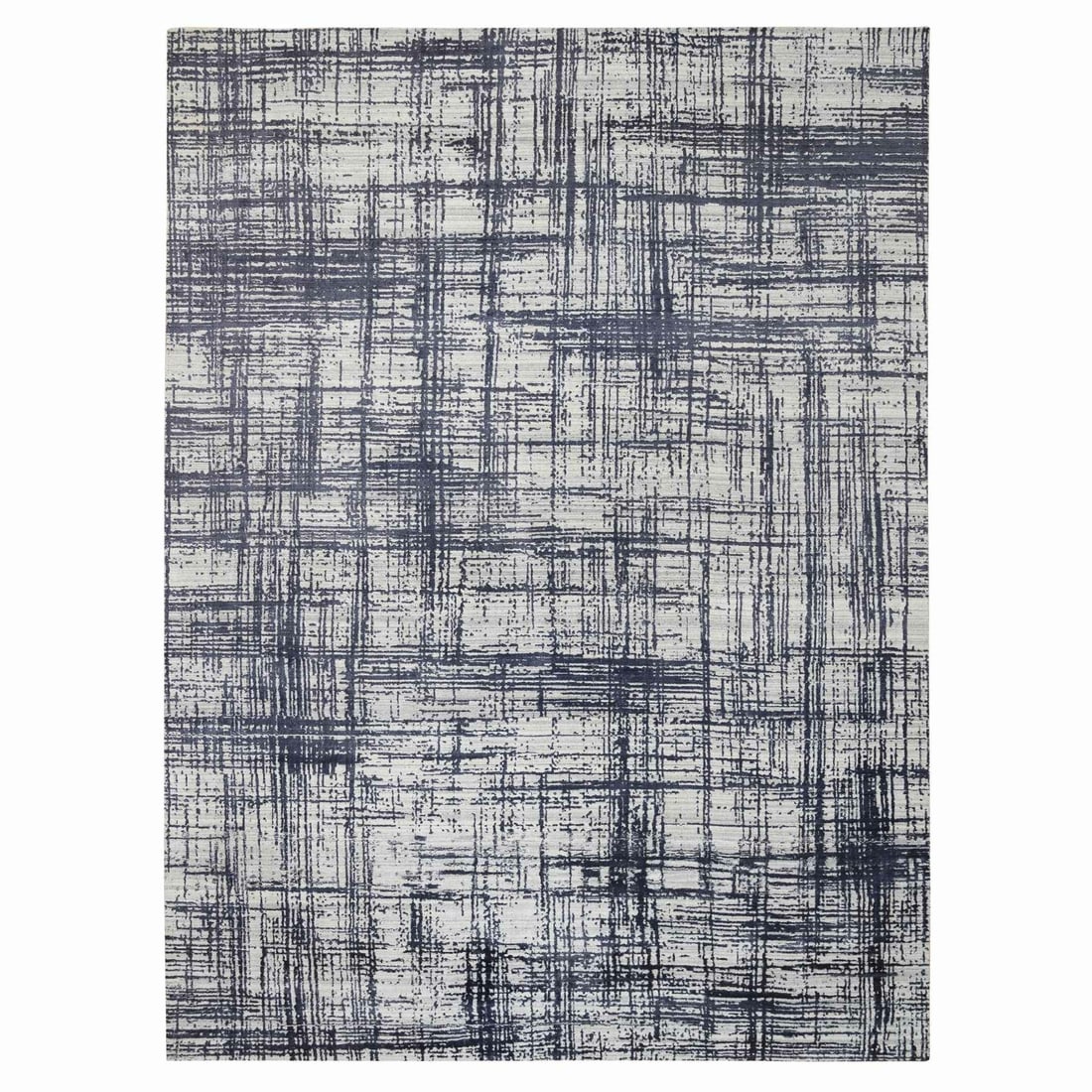 10'x13'9" Black Modern Erased Lines Design Wool and Silk Hand Loomed Rug: 10'x13'9" Black Modern Erased Lines Design Wool and Silk Hand Loomed Rug This 10'0" x 13'9" black modern erased lines design wool and silk hand loomed rug boasts a striking Oriental pattern, created u