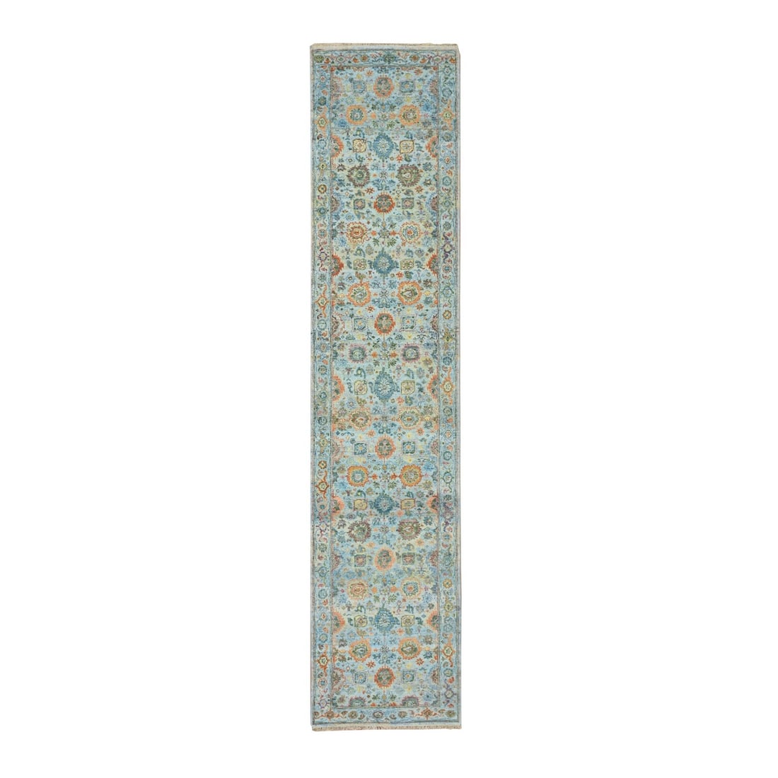 2'6"x11'10" Blue Sultanabad Reimagined Hand Knotted Wool Zero Pile Runner: 2'6"x11'10" Blue Sultanabad Reimagined Hand Knotted Wool Zero Pile Runner The 2'6"x11'10" Blue Sultanabad Reimagined Hand Knotted Wool Zero Pile Runner is a stunning example of traditional Oushak desi