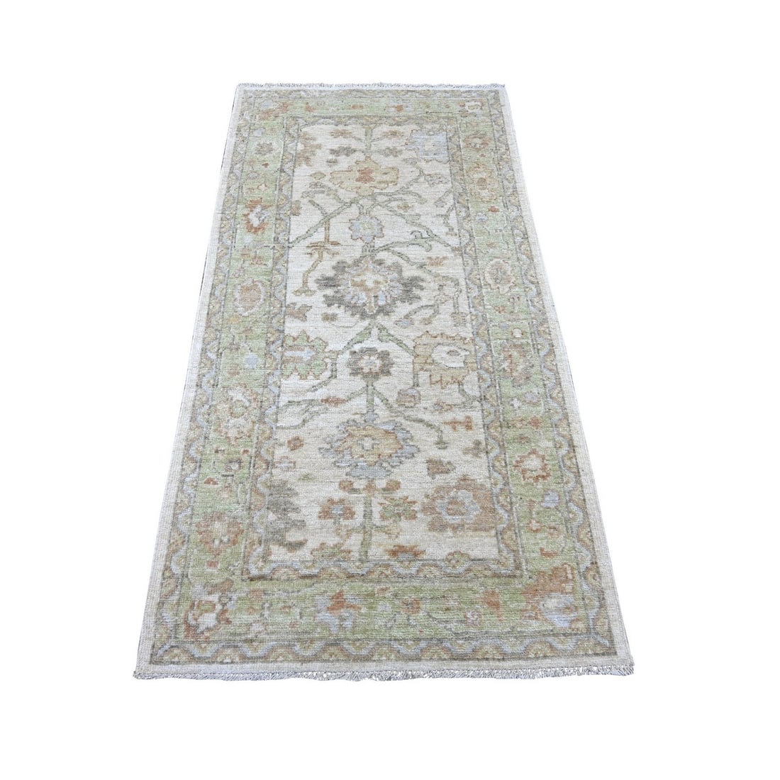 3'x6'1" Gray Hand Knotted Wool Afghan Angora Oushak with Leaf Design Rug: 3'x6'1" Gray Hand Knotted Wool Afghan Angora Oushak with Leaf Design Rug Grey Hand Knotted Wool Afghan Angora Oushak with Leaf Design is a stunning 3'0" x 6'1" runner featuring a beautiful floral fiel