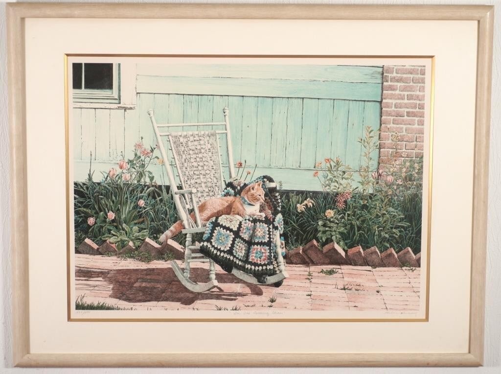 Helen Rundell Signed Rocking Chair Lithograph Framed Artwork Cat (1 of 8)