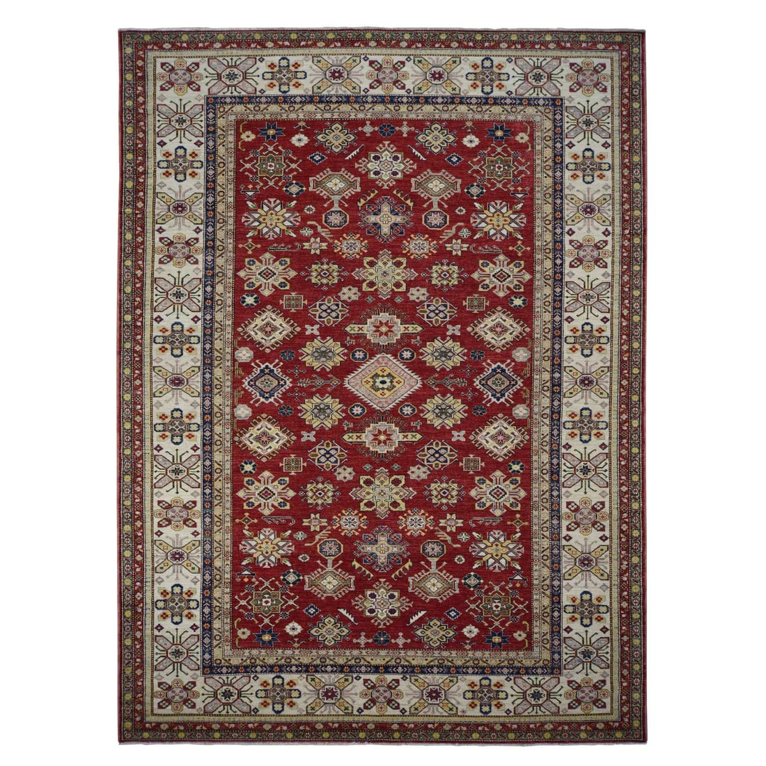9'x12' Maroon Red Super Kazak Design Pure Wool Hand Knotted Rug: 9'x12' Maroon Red Super Kazak Design Pure Wool Hand Knotted Rug 9'x12' Maroon Red Super Kazak Design Pure Wool Hand Knotted Rug - A stunning, hand-knotted wool rug from Afghanistan, featuring a vibran