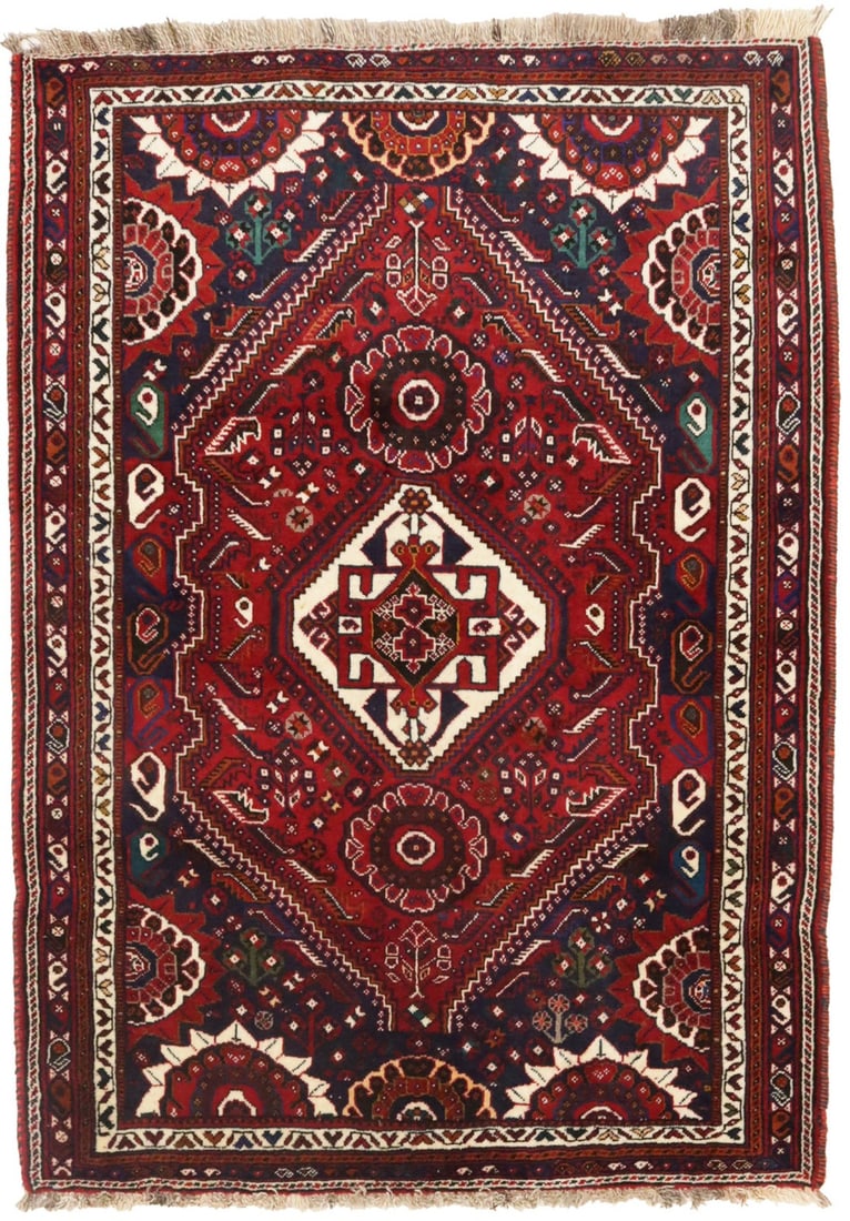Handmade Wool Oriental Rug Vintage Tribal Design Studio & Office Decor 4X6 Ft Hand-Knotted: Handmade Wool Oriental Rug Vintage Tribal Design Studio & Office Decor 4X6 Ft Hand-Knotted Hand-knotted wool rug with a vibrant vintage tribal design, measuring 120 x 171 cm. This 30-35 year old, 4x6 