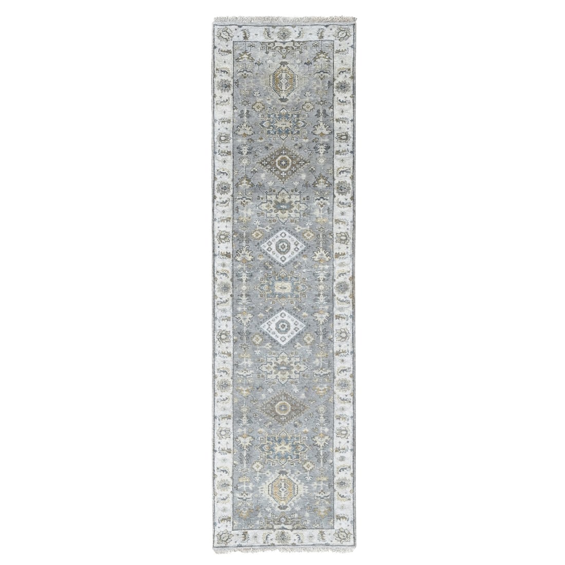 2'7"x10' Boothbay Gray Wool Hand Knotted Karajeh Geometric Runner Rug: 2'7"x10' Boothbay Gray Wool Hand Knotted Karajeh Geometric Runner Rug Oriental-style Geometric Runner Rug with a timeless Boothbay Gray color, perfectly complemented by a subtle flatweave weave and a 