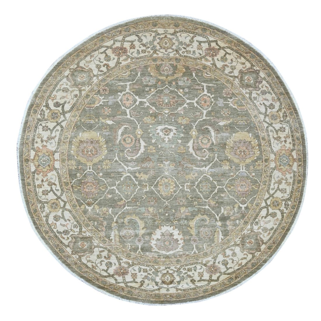 8'x8' Green Peshawar with Ziegler Mahal Design Hand Knotted Wool Round Rug: 8'x8' Green Peshawar with Ziegler Mahal Design Hand Knotted Wool Round Rug Hand-knotted in Afghanistan, this 8'x8' Peshawar rug boasts a stunning Ziegler Mahal design in rich green hues, set against a