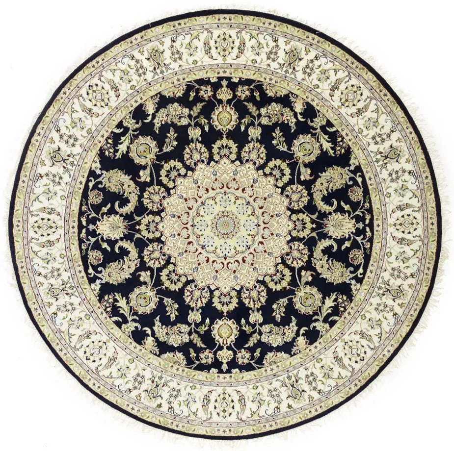7X7 Ft Round Indo-Nain Oriental Rug Handmade Dark Navy Floral Classic Carpet Hand-Knotted: 7X7 Ft Round Indo-Nain Oriental Rug Handmade Dark Navy Floral Classic Carpet Hand-Knotted Hand-knotted in wool and silk, this 7x7 ft round Indo-Nain Oriental rug boasts a classic, dark navy floral pat