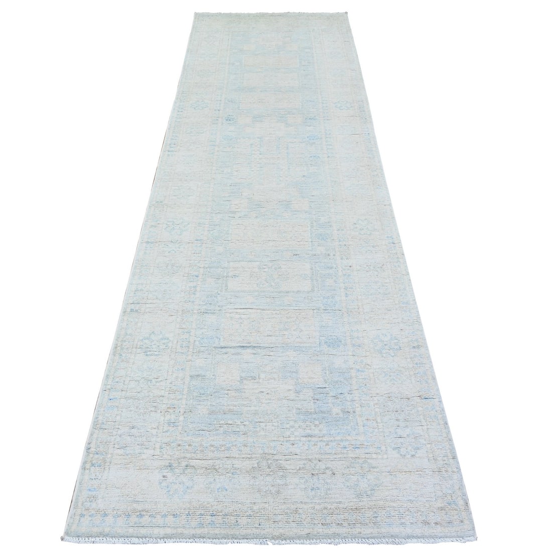 3'1"x10' Spanish Gray Washed Out Peshawar Wool Hand Knotted Runner Rug: 3'1"x10' Spanish Gray Washed Out Peshawar Wool Hand Knotted Runner Rug The 3'1"x10' Spanish Gray Washed Out Peshawar Wool Hand Knotted Runner Rug boasts a stunning Oriental design, showcasing a beauti