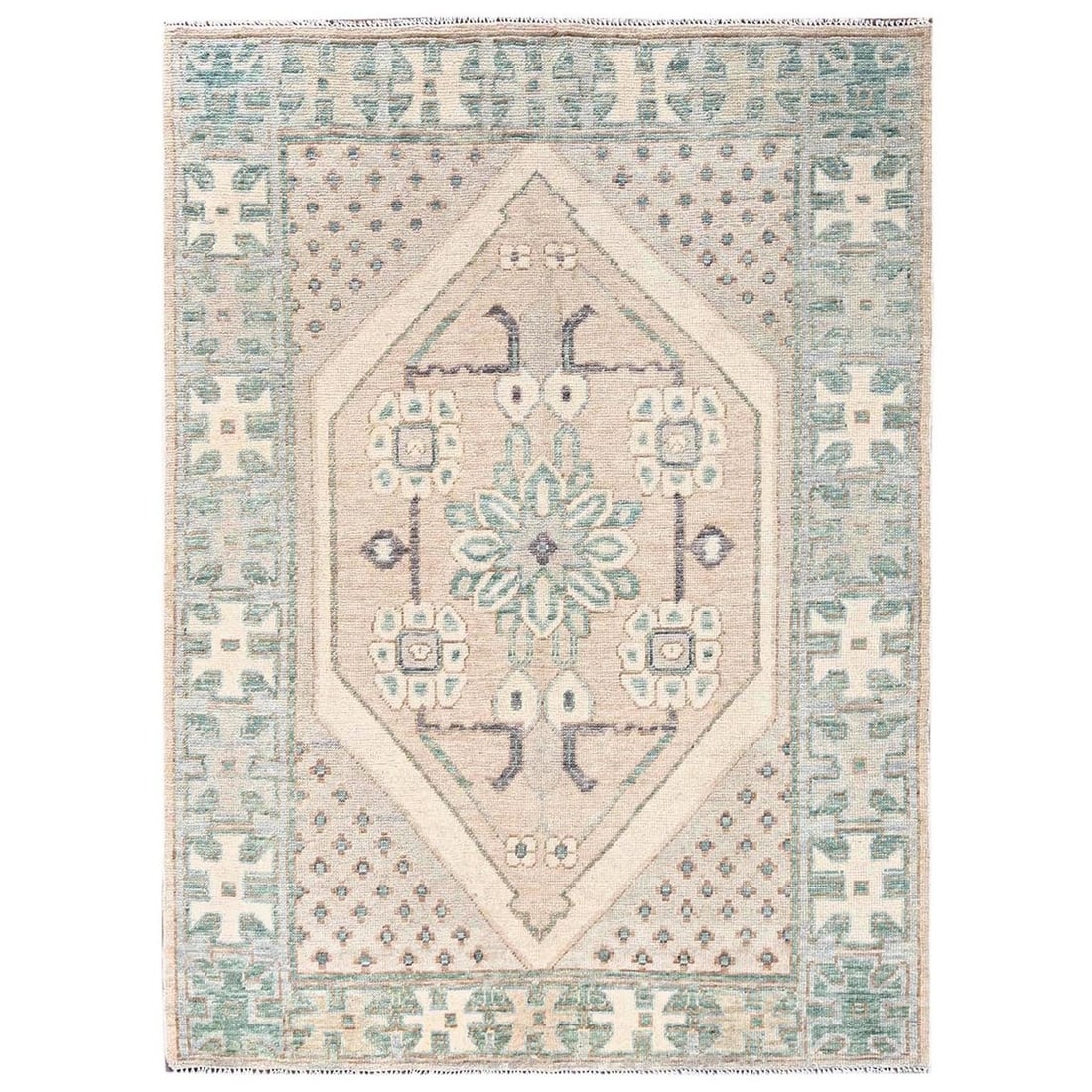 5'x6'10" Irish Brown Anatolian Village Design Hand Knotted Pure Wool Rug: 5'x6'10" Irish Brown Anatolian Village Design Hand Knotted Pure Wool Rug The 5'x6'10" Irish Brown Anatolian Village Design Hand Knotted Pure Wool Rug boasts a striking geometric pattern, characteristi