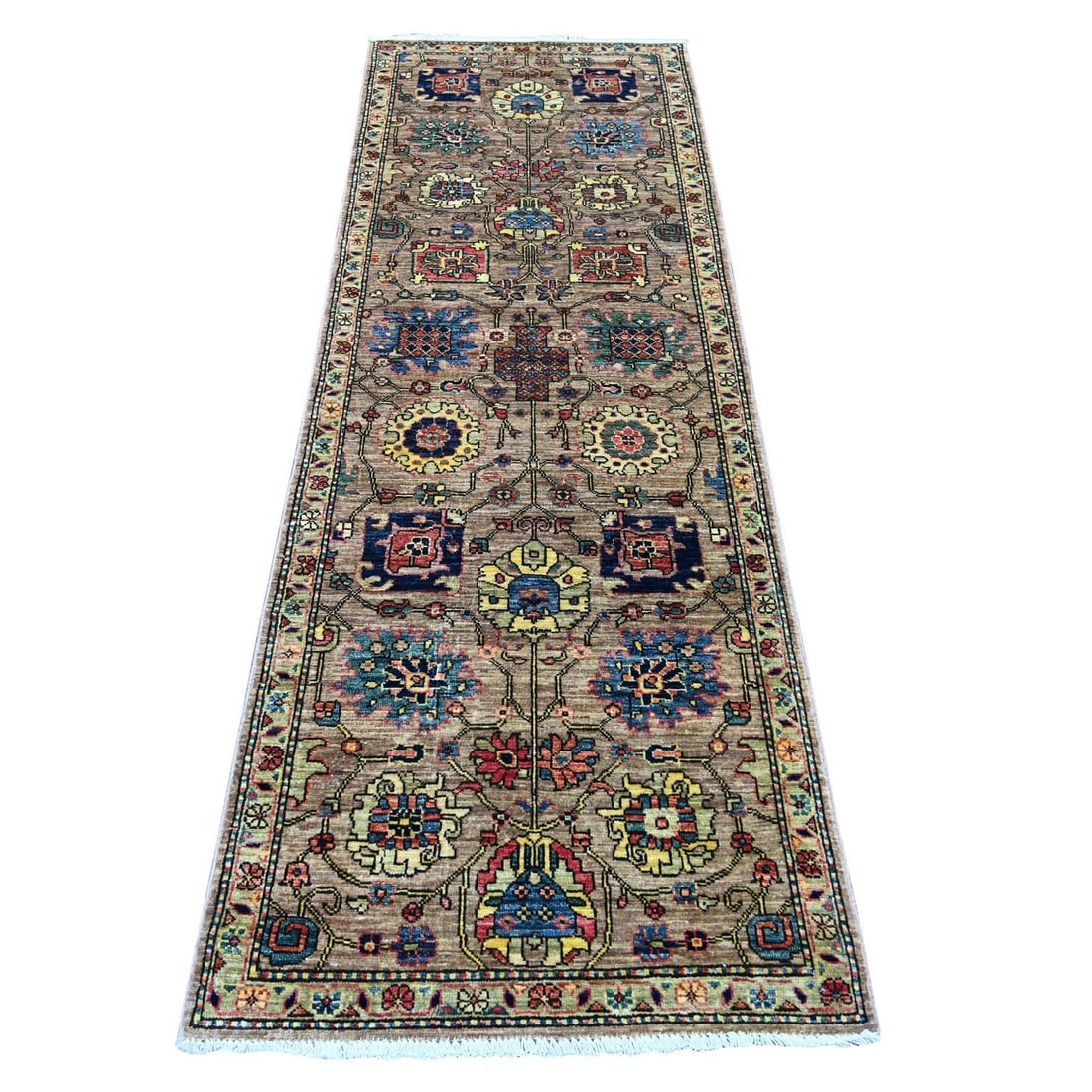 2'7"x7'9" Brown Northwest Zoroastrian Design Hand Knotted Wool Runner Rug: 2'7"x7'9" Brown Northwest Zoroastrian Design Hand Knotted Wool Runner Rug Brown Northwest Zoroastrian Design Hand Knotted Wool Runner Rug boasts a unique all-over regional design, characteristic of Or