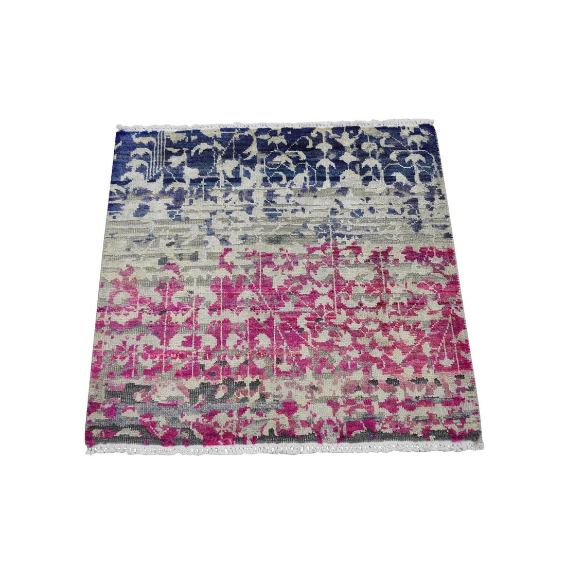 2'x2' Gray Sari Silk With Textured Wool Hand Knotted Oriental Rug: 2'x2' Gray Sari Silk With Textured Wool Hand Knotted Oriental Rug The 2'x2' Gray Sari Silk With Textured Wool Hand Knotted Oriental Rug boasts a striking modern design, featuring a rectangular field w