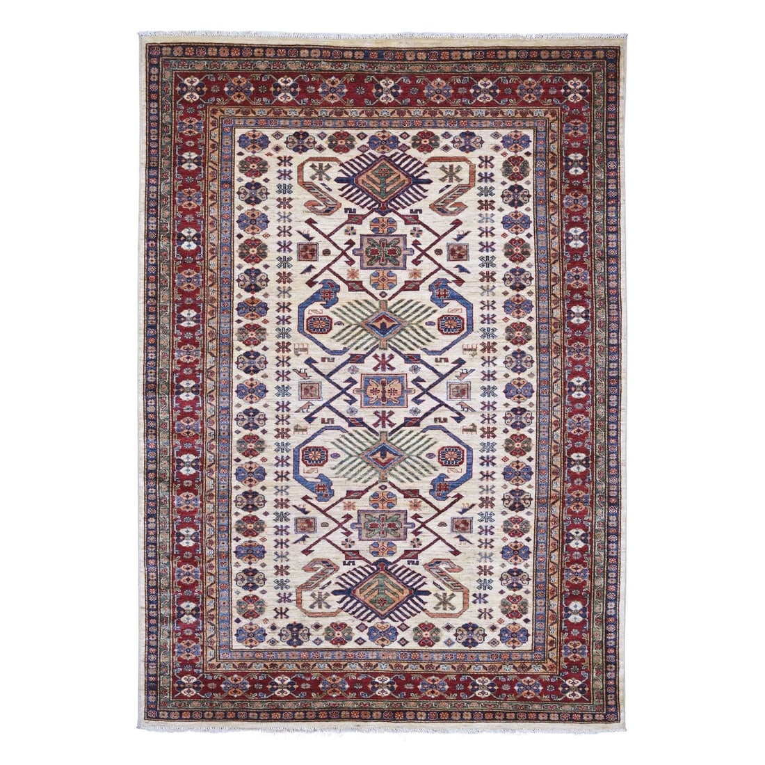 6'1"x8'8" Ivory Super Kazak with All Over Design Hand Knotted Wool Rug (1 of 6)
