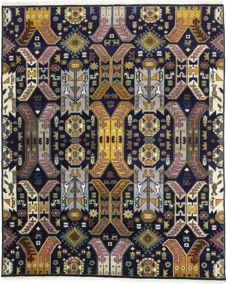 Handmade Navy Tribal Geometric Wool Oriental Rug Bedroom Decor Carpet 8X10 Ft Hand-Knotted: Handmade Navy Tribal Geometric Wool Oriental Rug Bedroom Decor Carpet 8X10 Ft Hand-Knotted Hand-knotted in wool, this 8x10 ft geometric tribal rug boasts a unique blend of modern design and traditiona